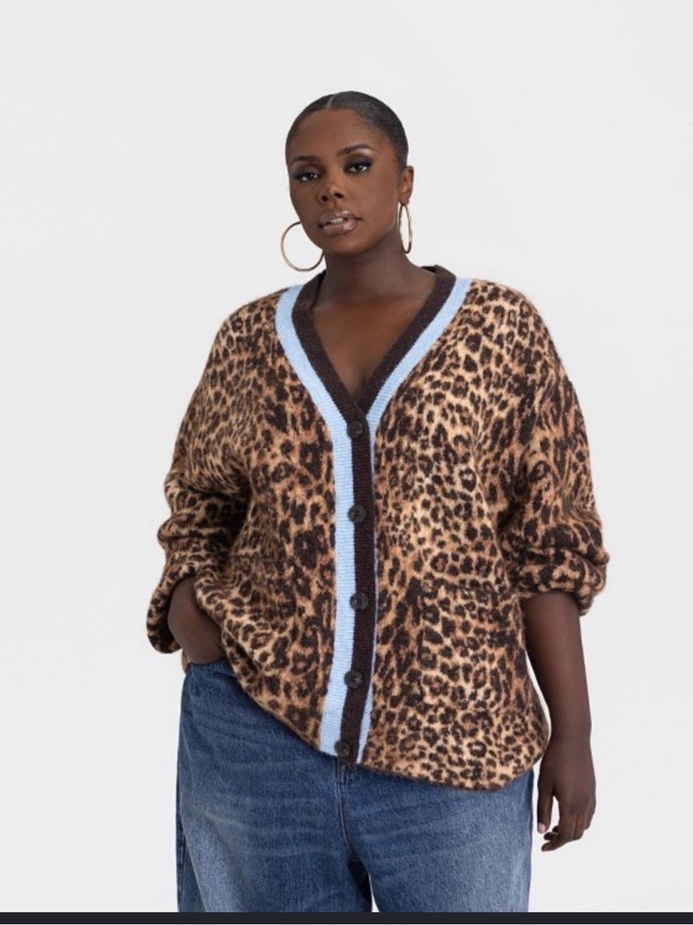 NWT KBB Leopard Print Button Cardigan with Light Blue Trim Viral Sold Out SZ XL